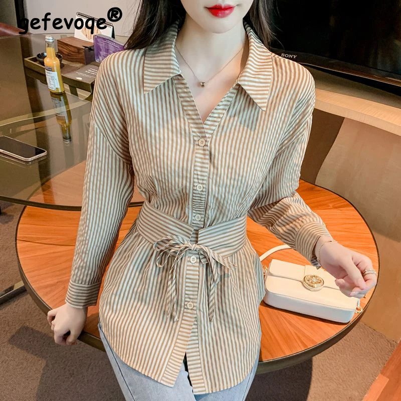 

Women Korean Fashion Striped Lace Up Button Shirts Autumn Casual Long Sleeve Slim Fit Blouses Elegant Chic Tops Blusa Mujer Moda