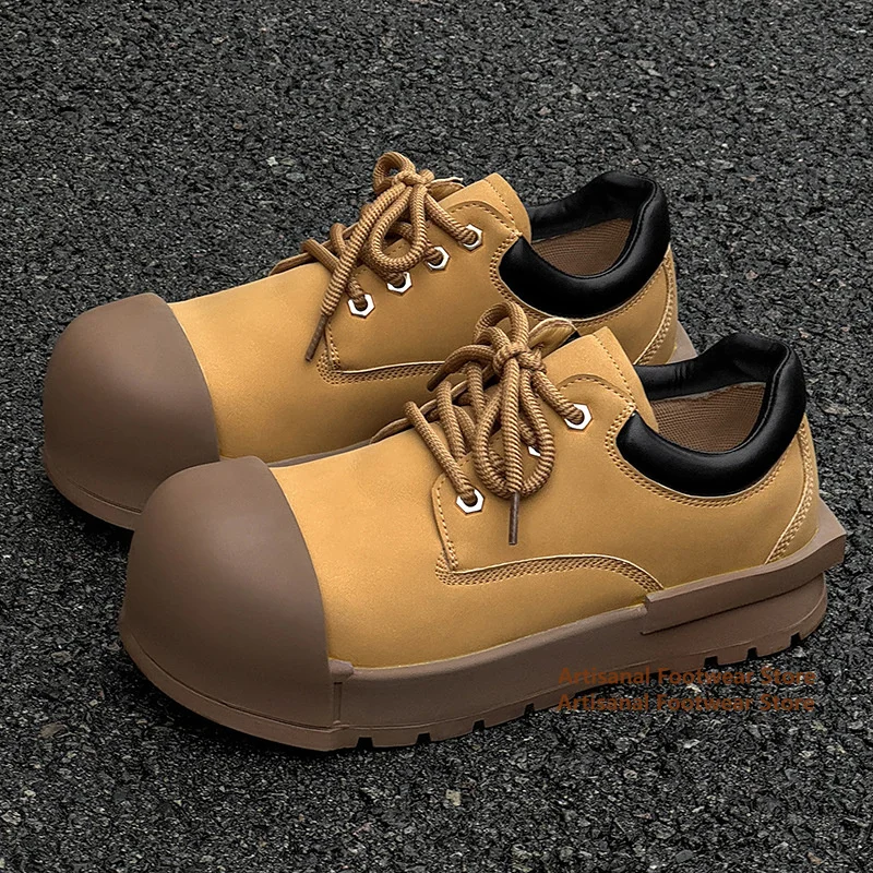 

Men's Yellow Lace-Up Work Boots with Rubber Sole Hiking Boots New In Males Trendy Stylish Round Toe Thick-Soled Men's Shoes