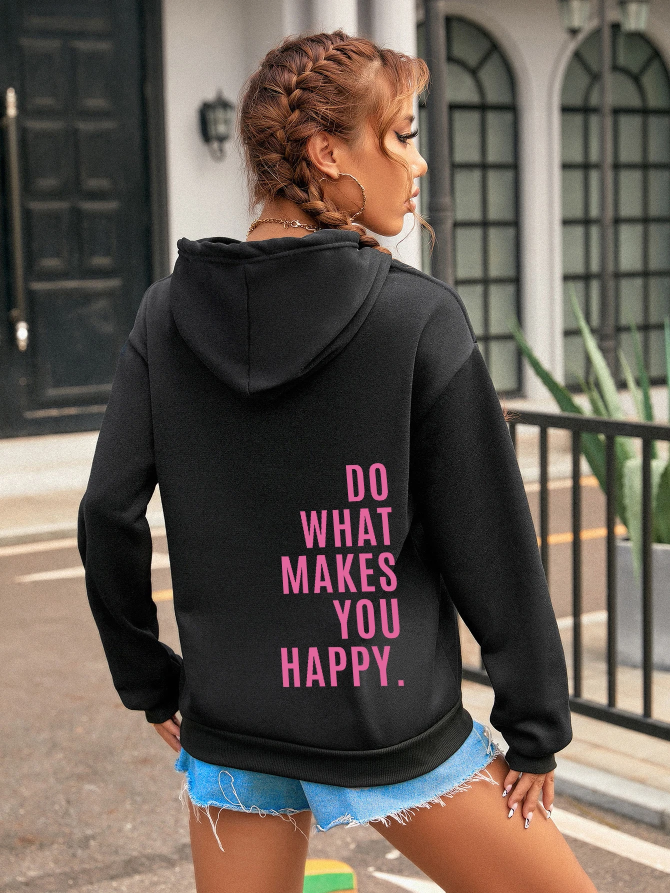 Do What Makes You Happy Pink Letter Womens Clothing Personality Street Sweatshirt Casual All-Match Woman Hip Hop Fashion Hoodies