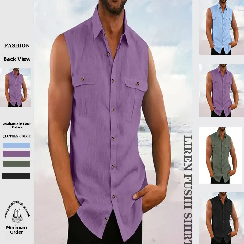 

Men's Casual Cotton Linen Sleeveless Shirt Simple Flip Collar Loose Fit Beachwear Multi-Color City Walk Suitable for Middle-Aged