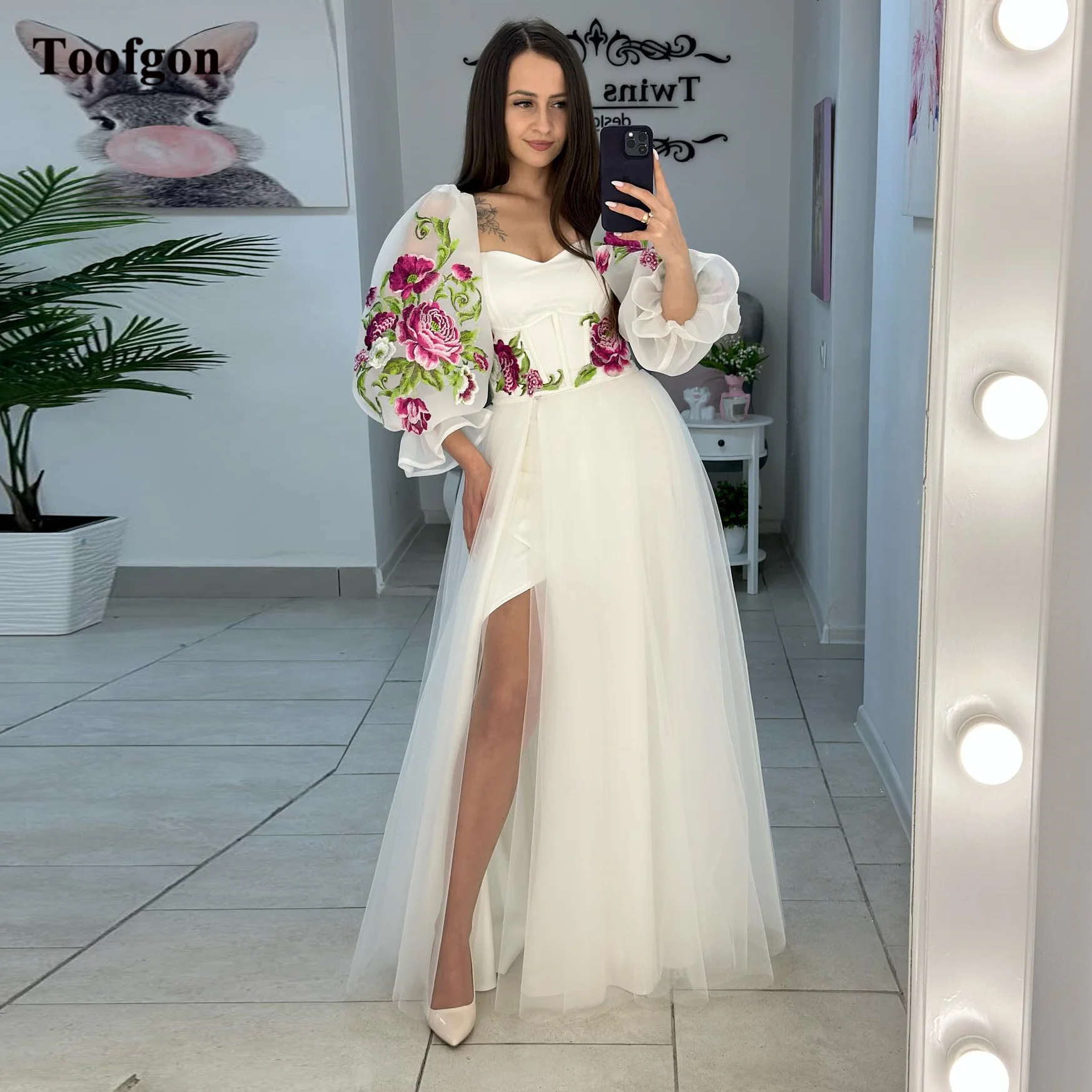 Toofgon 2 Pieces Tulle Prom Gowns With Overskirt A Line Puff Long Sleeves Delicate Flowers Women Special Party Evening Dress