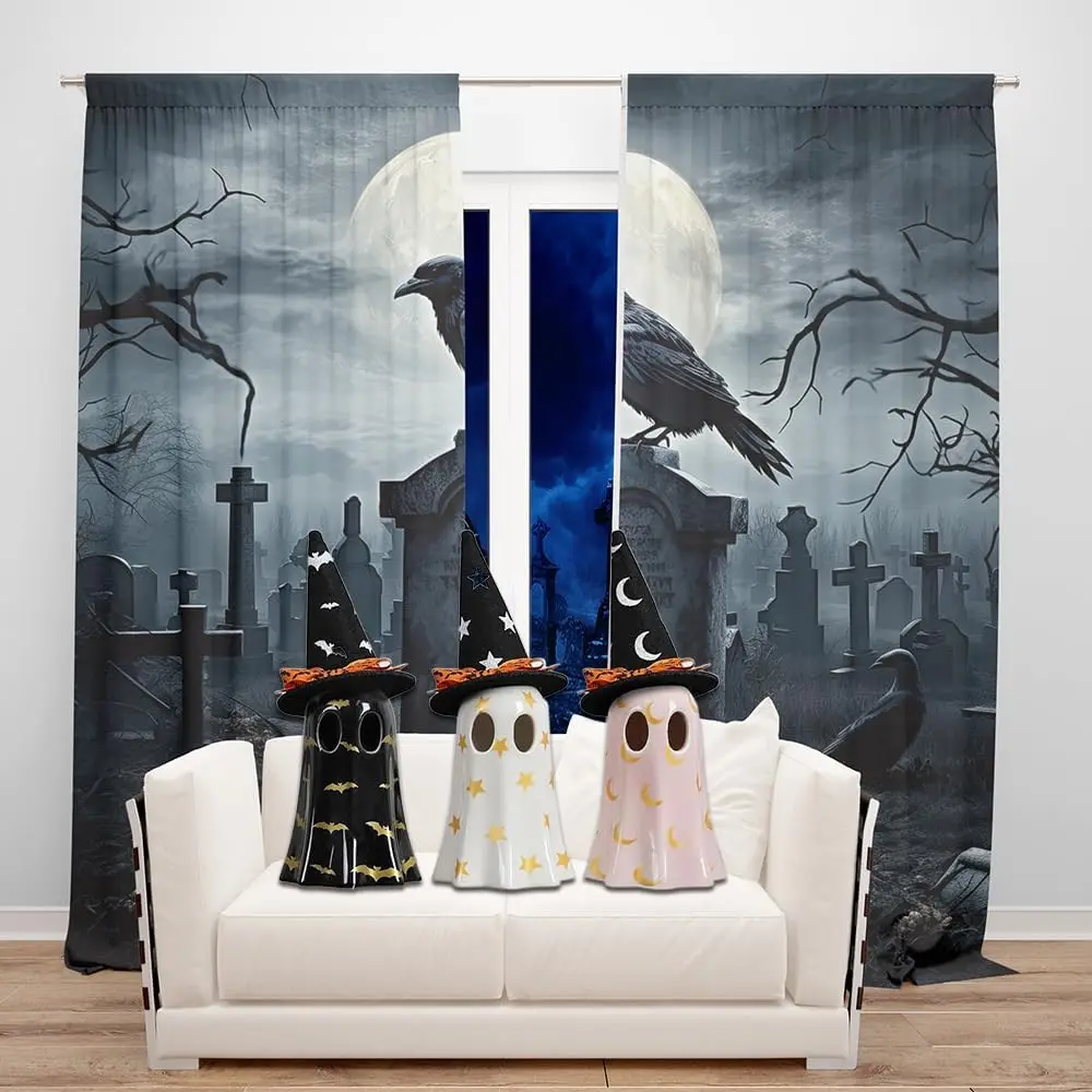 Gothic Creepy Graveyard and Haunted Tombstone Art Pattern Rod Pocket Window Curtains Dark Horror Home Decor