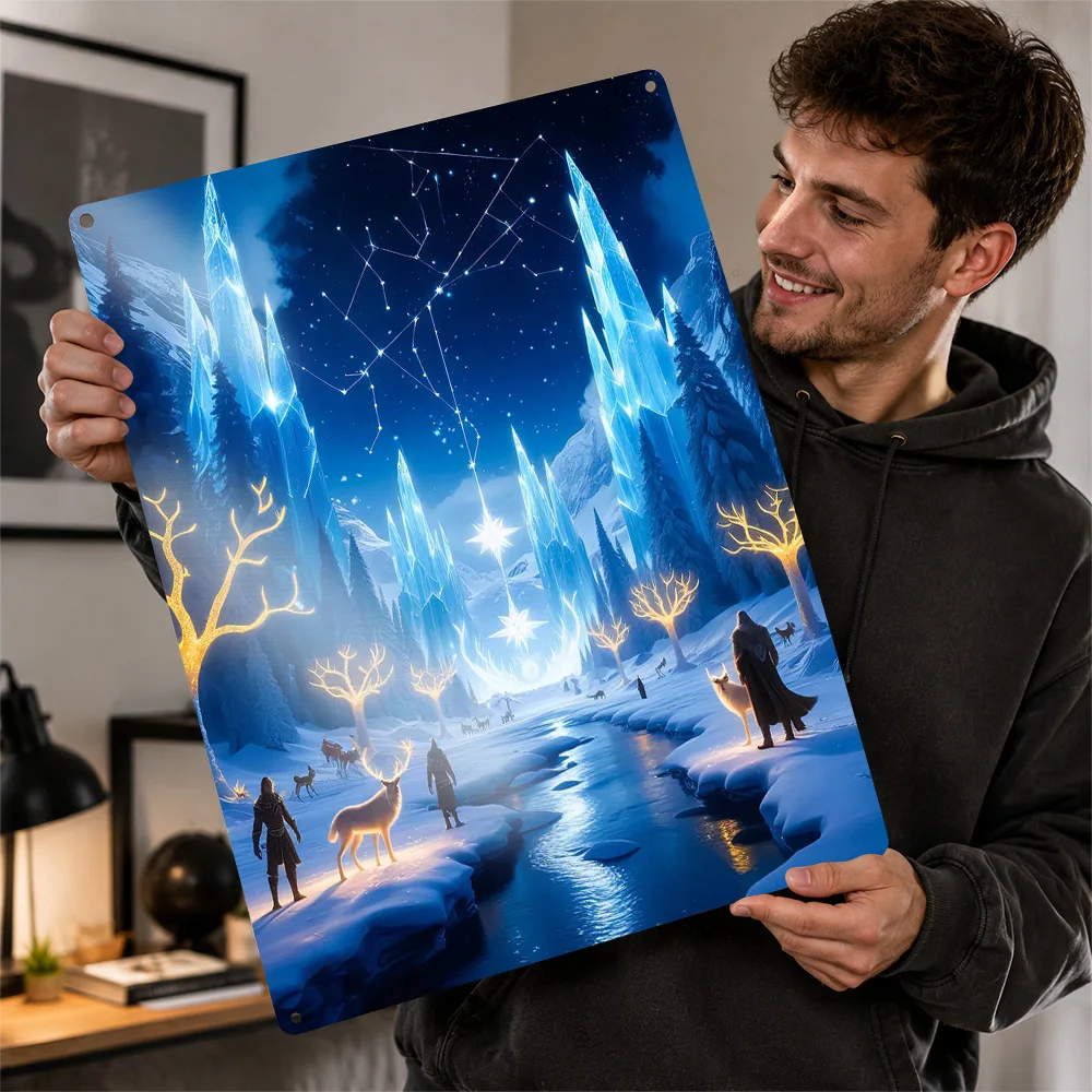 Winter Fantasy Landscape With Figures 3D Texture Metal Poster Customized Wall Art Tin Sign Gift for Mancave Room Ornaments Decor