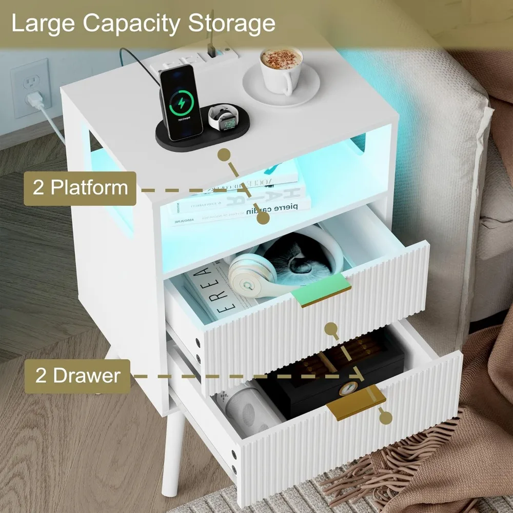White Nightstand with Charging Station and LED Lights,Modern Bedside Table with 2 Storage Drawer and Open Wood Shelf, for Bedroo