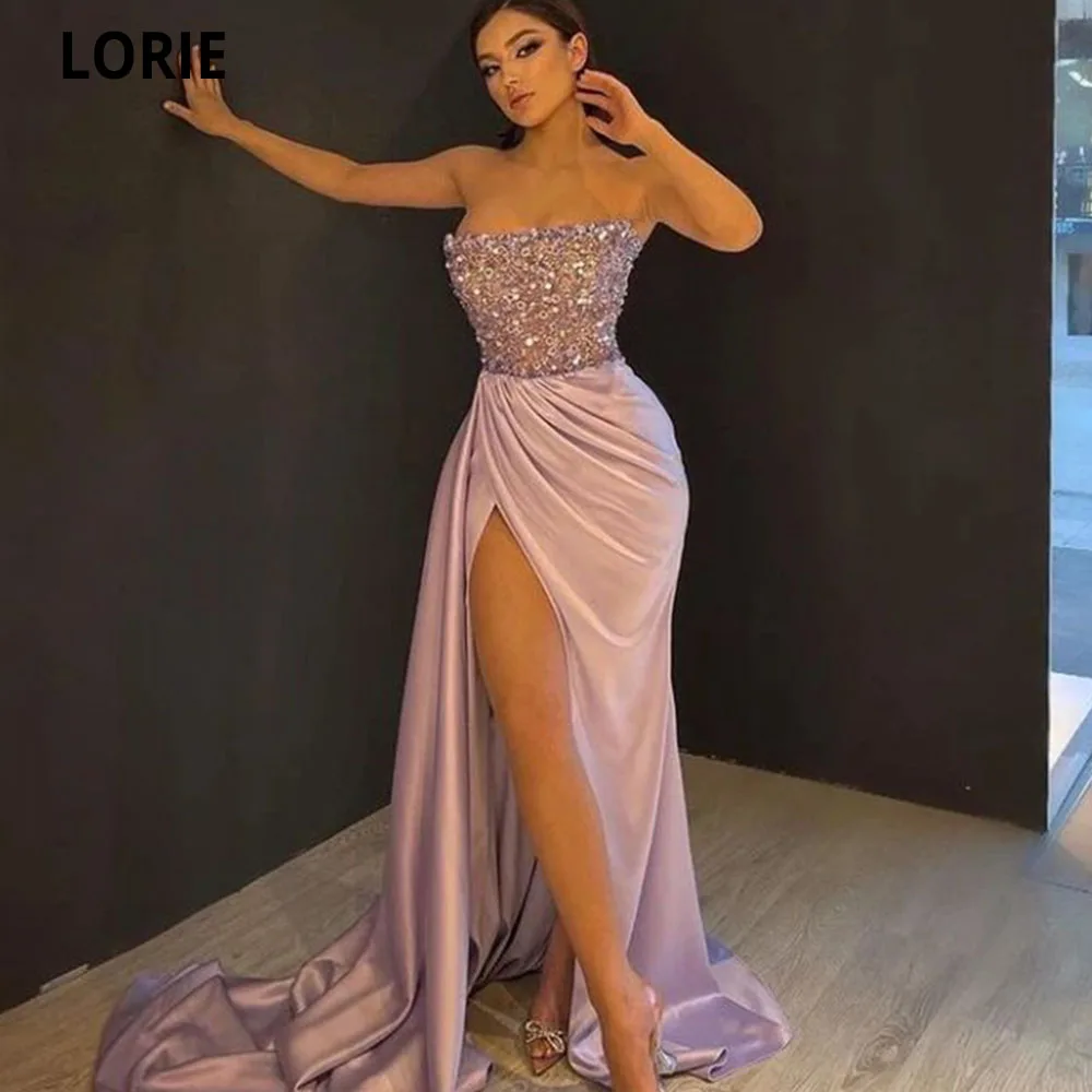 LORIE Mermaid Satin Evening Dresses 2022 Sparkly Beads Corest Robe De Soirée Femme Side Split Prom Gowns Vestidos De Noche