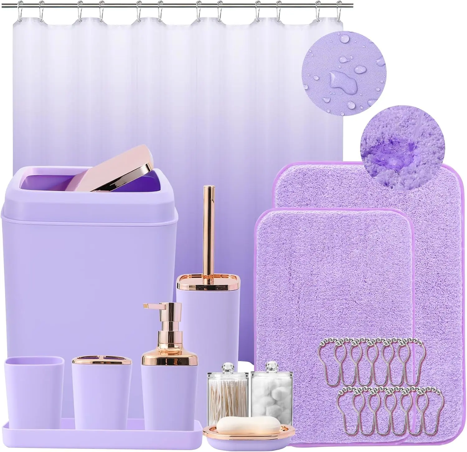 

Lavender Bathroom Set with Non-Slip Rugs and Ombre Shower Curtain, Complete Home Accessory Kit