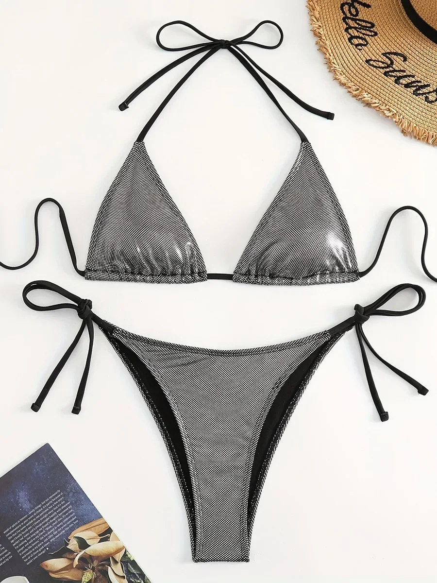 

Shiny Bronzing Halter Bikini Female Swimsuit Women Swimwear Two-pieces Bikini Set High Cut Bather Bathing Suit Swim Beach Wear