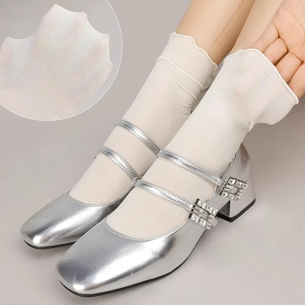 Lolita Ruffle Women Summer Socks Ultra-thin Soft Ice Velvet Mid Tube Socks Harajuku Pile of Socks Stretch Elasticity JK Sock