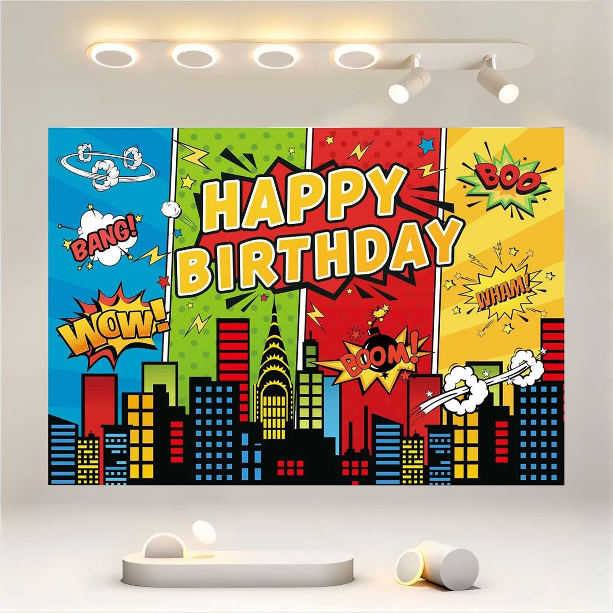 Superhero Theme Background Children's Boy Superhero Comic Skyline Happy Birthday Hero City Decoration Photography Background