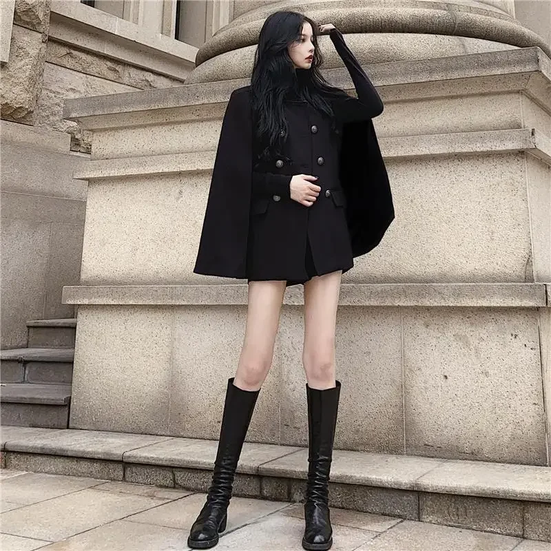 Winter new black cape coat can be used with loose stand collar medium long woolen coat for women