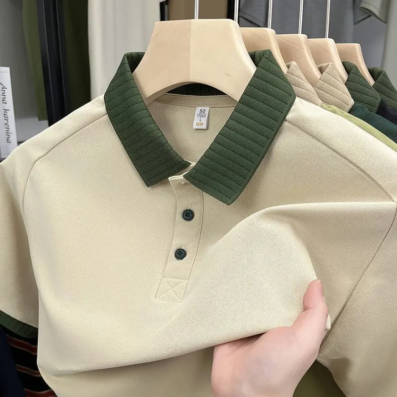 

Men's New Short-sleeved Korean Style Lapel T-shirt POLO Shoulder Contrast Casual Light Luxury Summer Stretch T-shirt