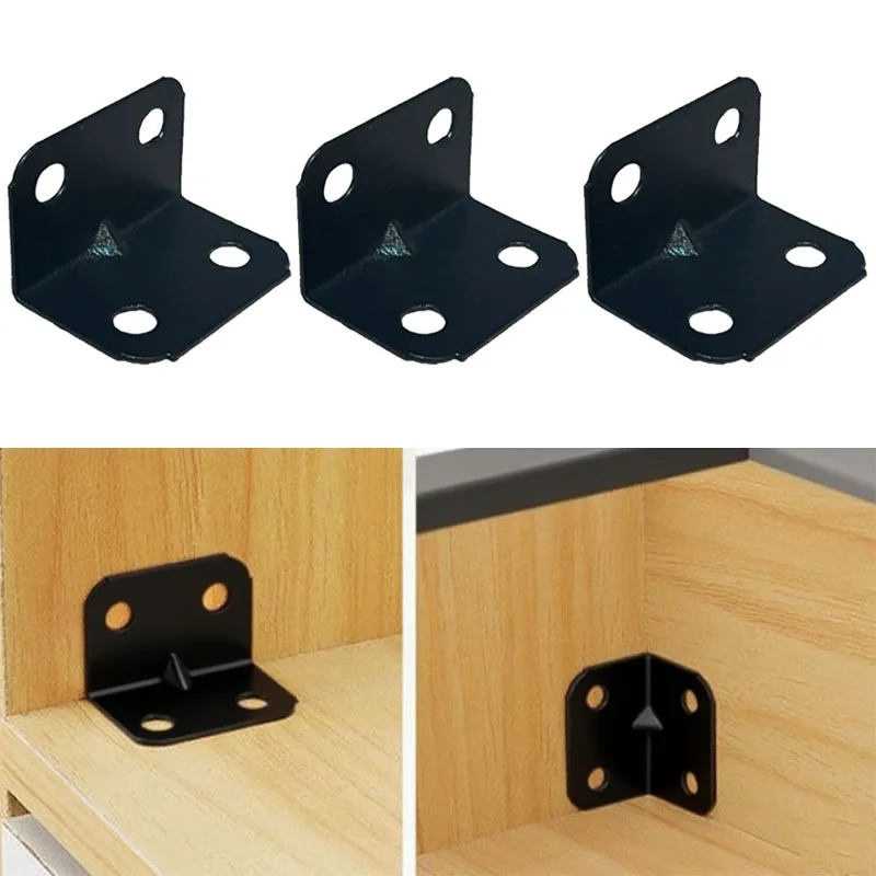 100pcs black corner codes, 4-hole fixed corner brackets, right angle fasteners, for tables, chairs, cabinets, shelves