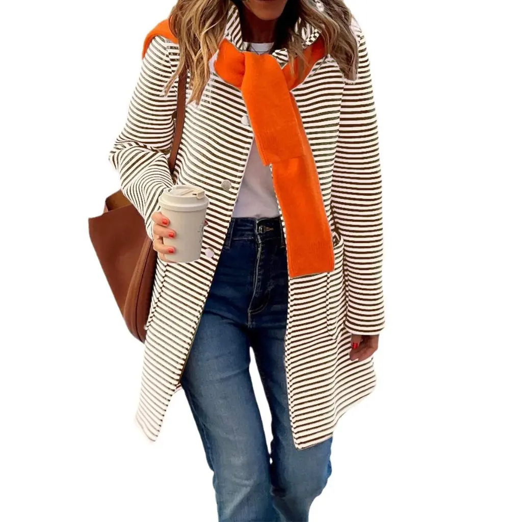 

Women's Striped Cardigan Hooded Knitted Long Sleeve Coat Autumn Winter New Temperament Outerwear by Di Yun