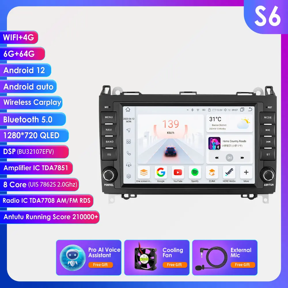 Ai Carplay Android12 Autoradio Stereo Multimedia Speler Voor Mercedes-Benz A-B-V-Klasse B200 W169 W245 W639 W906 Sprinter Gps Navi