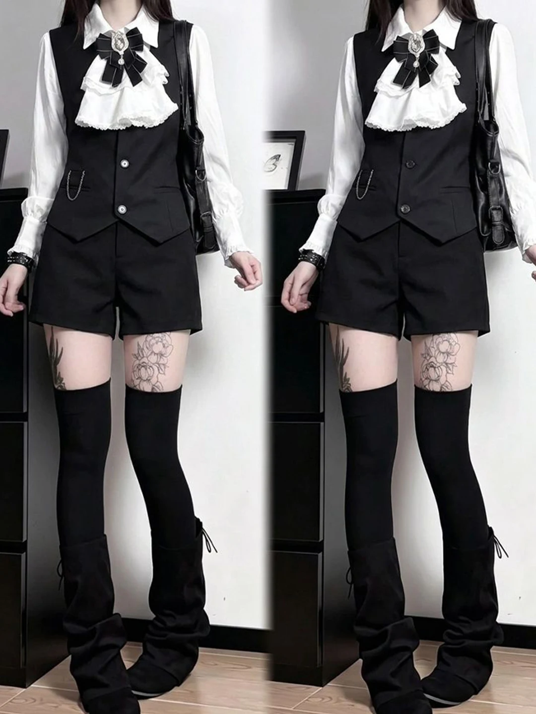 Dark Style Three-Piece Set Black Shorts Black Vest White Shirt for Young Girls Autumn Fashion School Uniforms No Brand