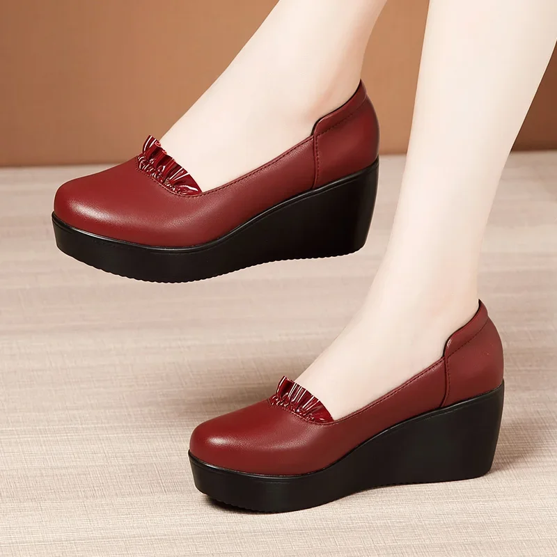 YAERNI Round head middle ages women shoes wedge heel office shoes women high heels platform ladies heels