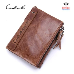 CONTACT'S 100% Genuine Leather Men's Wallets Luxury Brand Short Double Zipper Male Coin Purse Small Wallet For men Card Holders