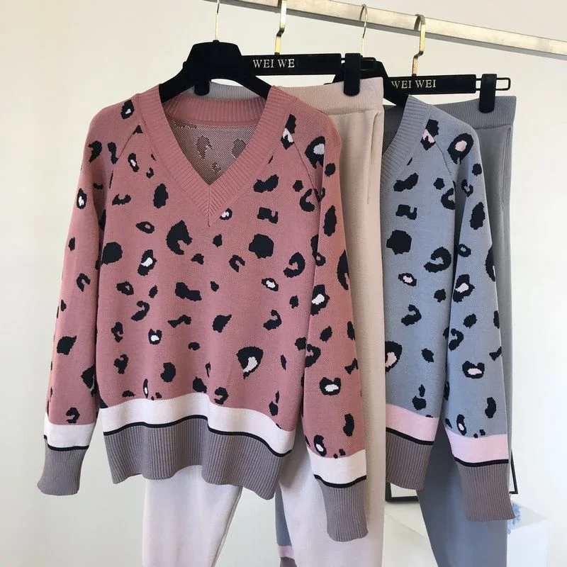 Women Casual Loose V-neck Sweater Pullovers Conjunto Leopard Print Knitted 2 Piece Sets For Contrast Color Harem Pants Outfits