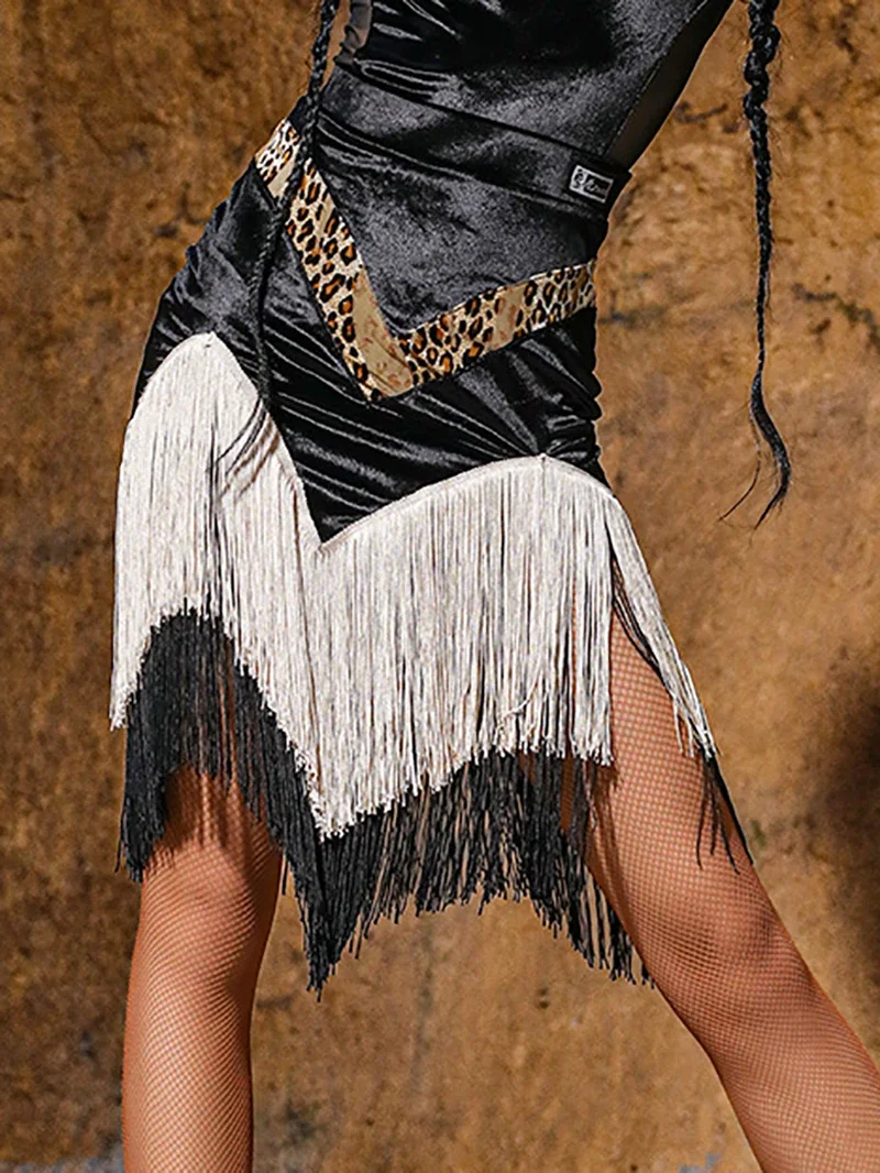 

Women Cowboy Tassels Leopard Print Latin Dance Skirt Ballroom Rumba Samba Dancewear Training Chacha Performance Costume