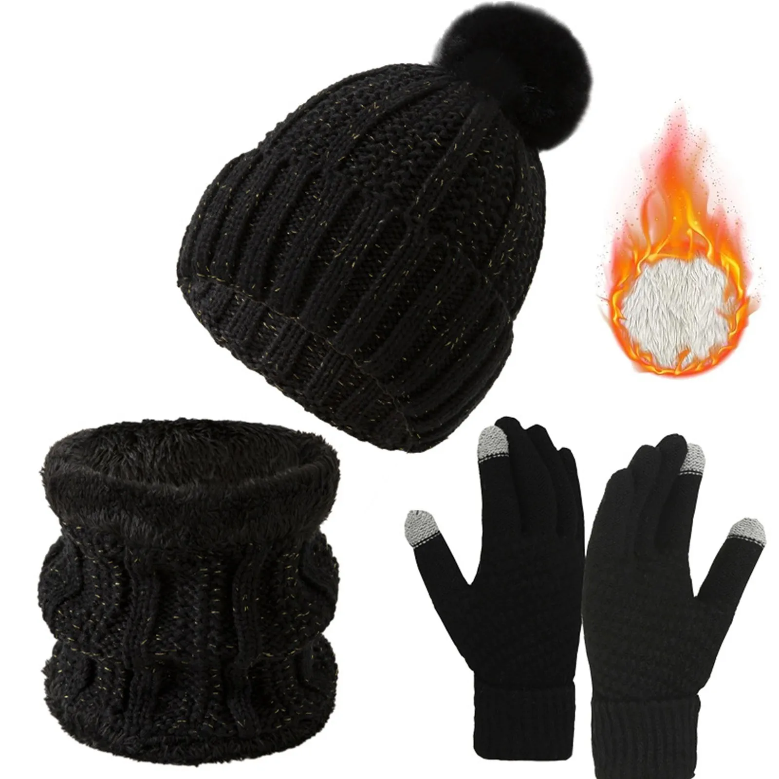 Chapéu de inverno cachecol luvas conjunto para mulheres longo cachecol touchscreen luvas 3 em 1 conjunto clássico cabo gorro com removível 2024 novo