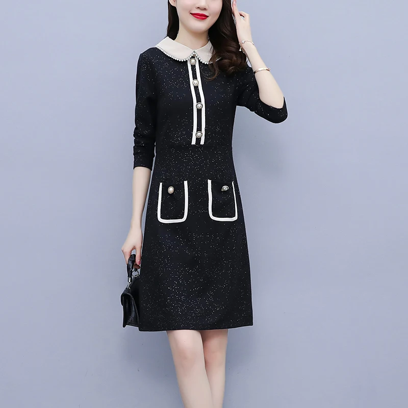 EHQAXIN Autumn Womens New Dress 2022 Fashion Beaded Stitching Doll Collar Korean Version A-Line Long Sleeve Dresses Ladies L-5XL