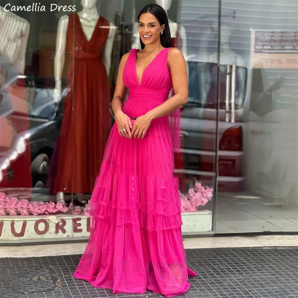 Vestidos De tul rojo en capas para baile De graduación, Vestidos De noche con cuello en V, vestido De Fiesta personalizado De talla grande