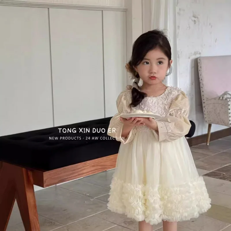 

Girls' Dress2025Autumn New Heavy Craft Stylish Girl Baby Children's Spring Outfit Birthday Dress Princess Dress Trendy