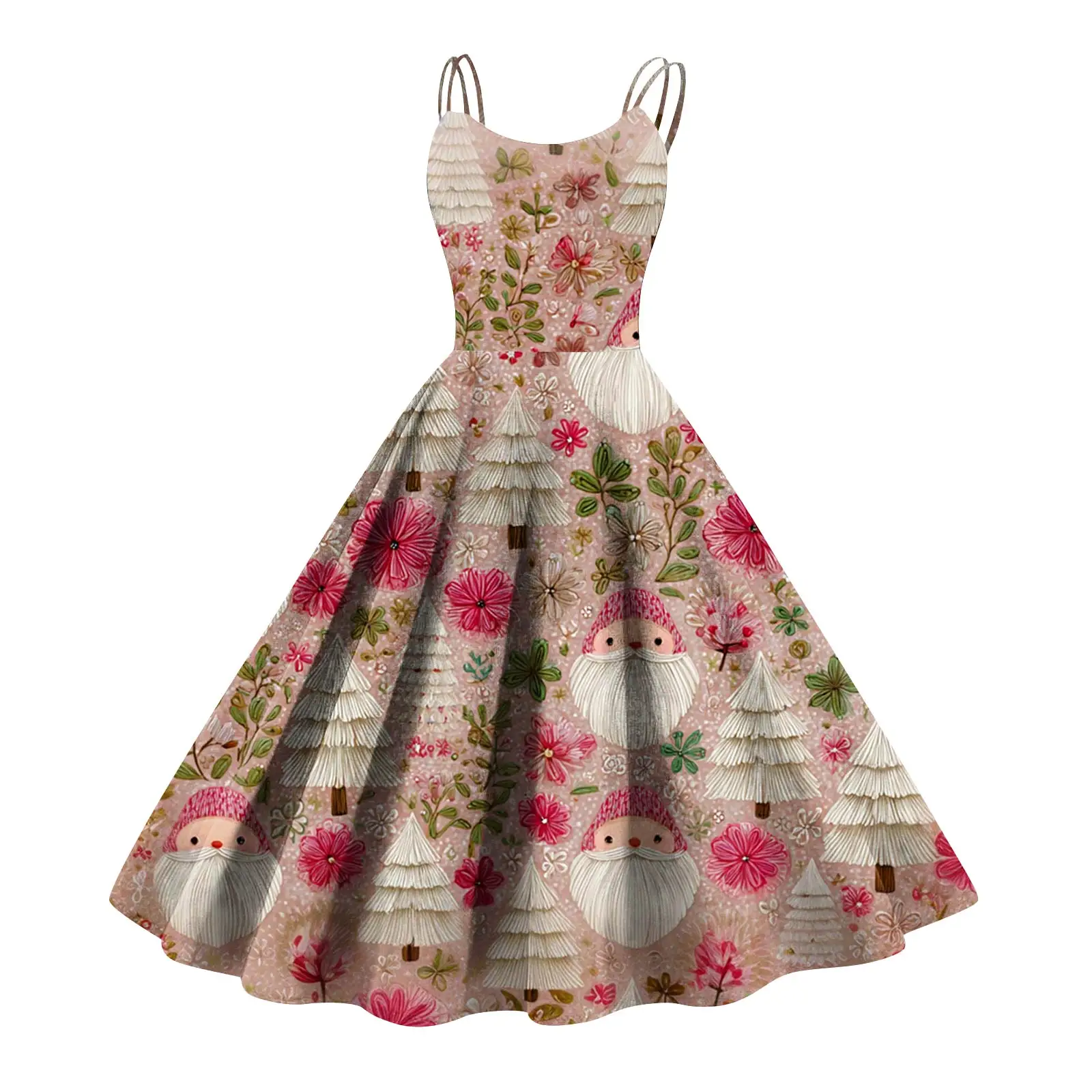 ชุดเดรสกระโปรงคริสต์มาสของผู้หญิงซานตาคลอสพิมพ์ลายกระโปรงสวิงขนาดใหญ่ดีไซน์หวานน่ารักสวมใส่วันหยุดฉากปาร์ตี้ฤดูใบไม้ร่วง