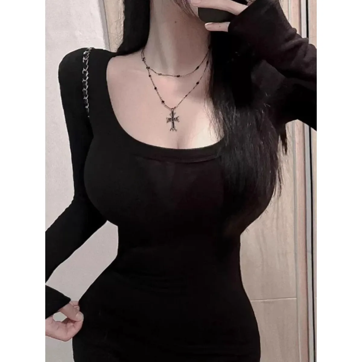 Dongda Gate Handmade Simple Fashion Women's U-neck Body-shaping Slim-fit Long-sleeve T-shirt Knitted Modal Fiber Commute Style