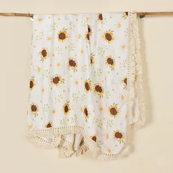 Floral Print Baby Blanket Cotton Summer Muslin Swaddle Gauze Stroller Cover Sunflower Tassel Baby Bath Towel Newborn Bedding