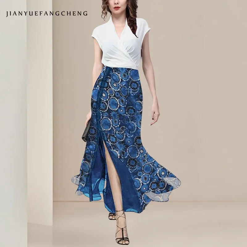 2025 Summer New Blue Jellyfish Print Chiffon Skirt Lightweight High Waist Lace Spliced Slit Long Skirts Elegant Flowing Skirt