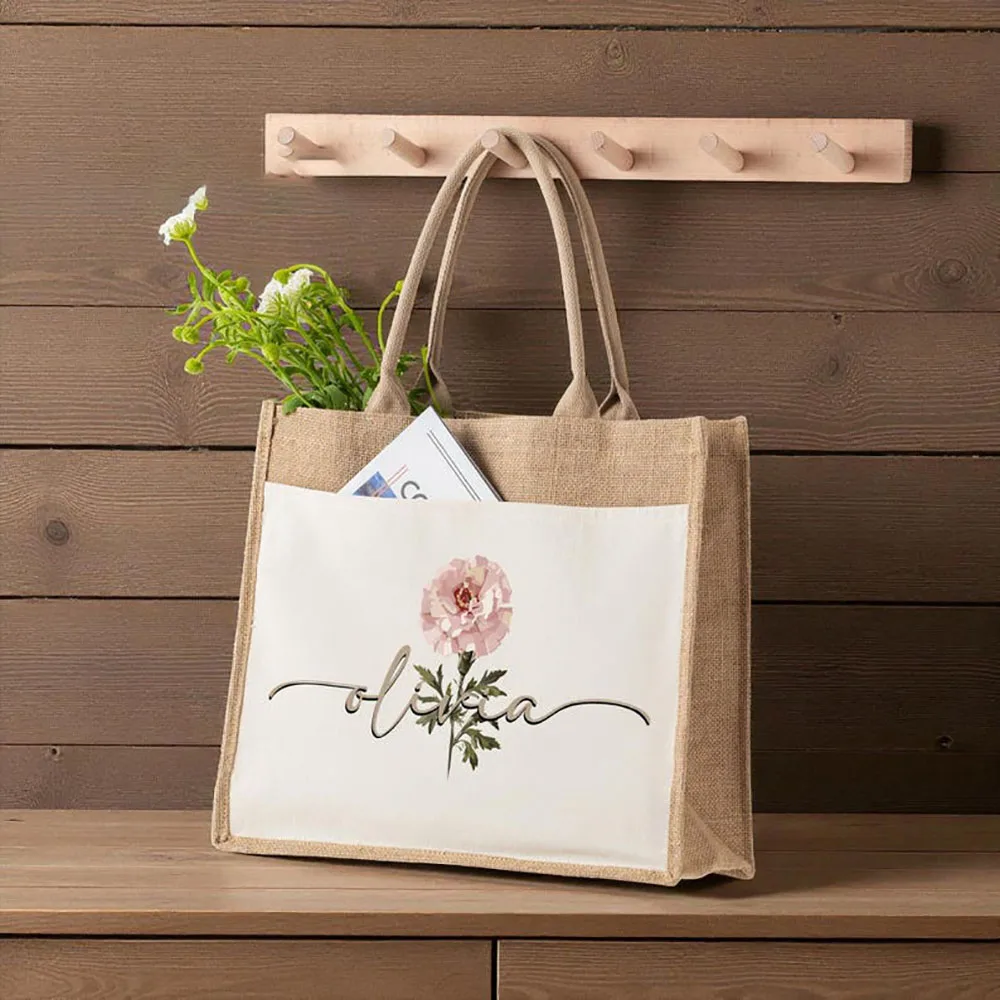 

Сумка-шоппер с именем и цветком по месяцу рождения, модная холщовая сумка через плечо, значимый подарок на день рождения для неё, мамы, подруги, семьи