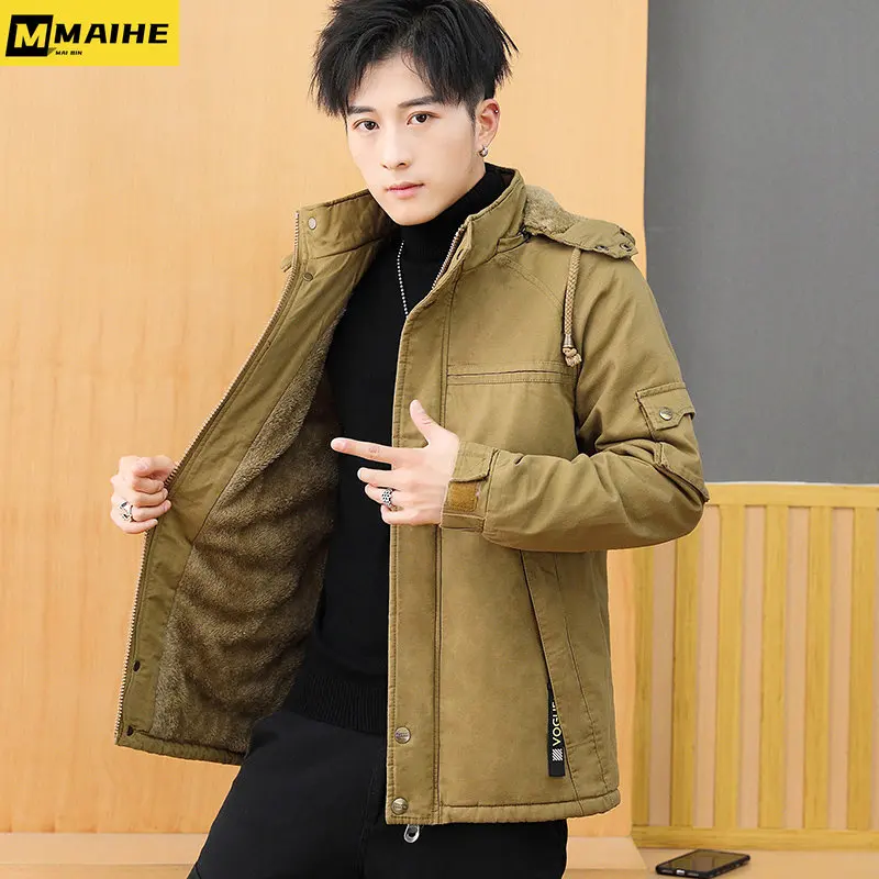 2023 new men's winter jacket detachable cap Fleece Linning Parka Men's outdoor windproof army green thick warm coat large pocket