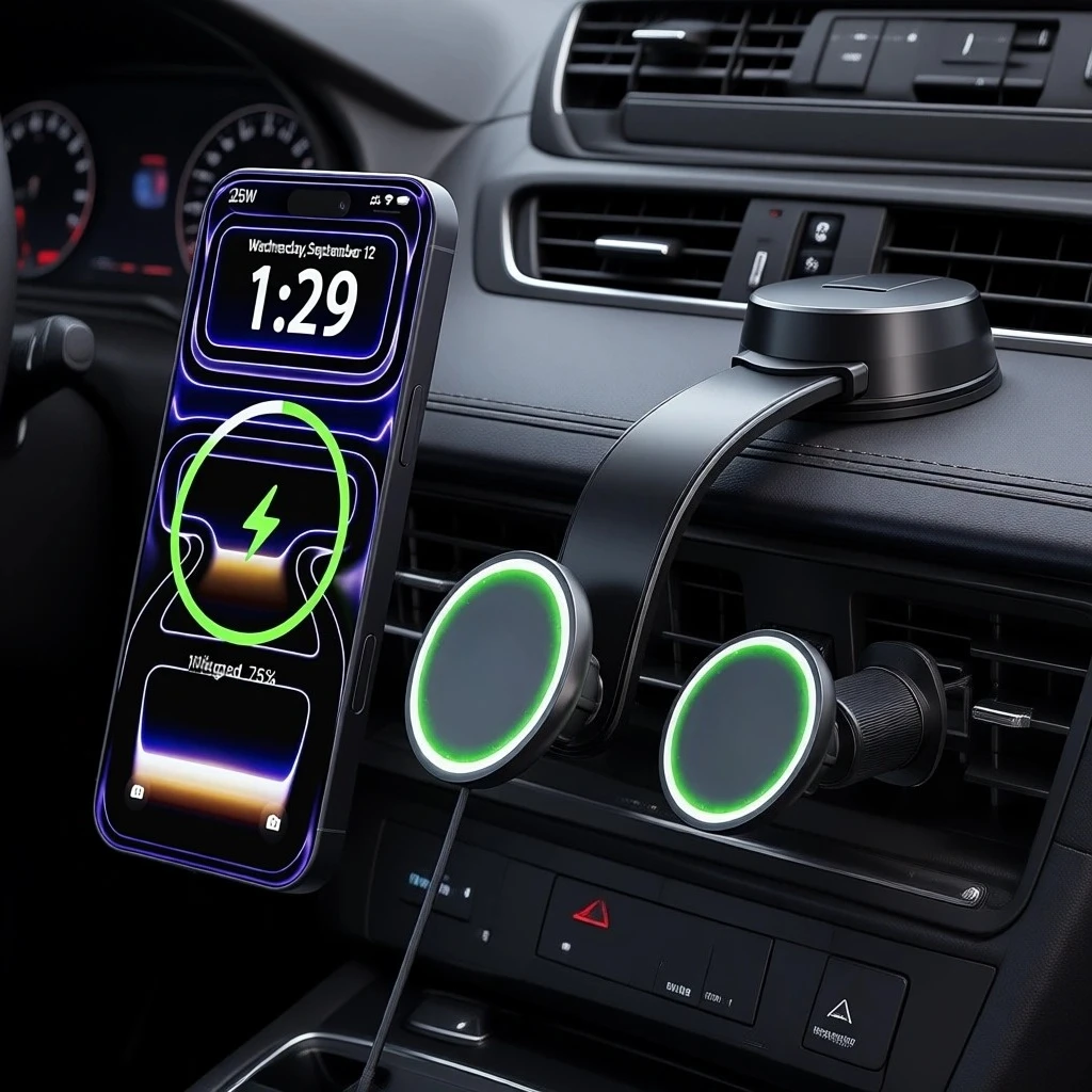 

Беспроводное автомобильное зарядное устройство MagSafe 25 Вт с сертификацией Qi2, крепление с быстрой зарядкой 2X, магнитный держатель для телефона на присоске 90 фунтов, для приборной панели и лобового стекла