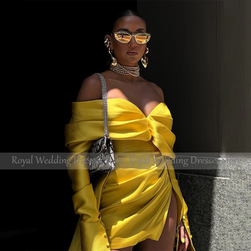 Gold Satin Cocktail Dress Off the Shoulder Long Sleeves Mini  Gowns for Women Side High Slit Sexy Evening Party Dresses