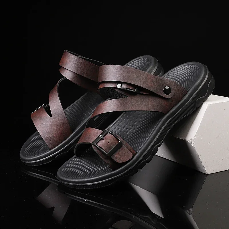 

2024 Summer Sandals for Men Outdoor Casual Sport Slippers Leather Non-slip Breathable Roman Shoes Beach Flip-Flop Garden Shoes