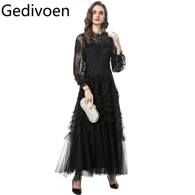 Gedivoen Solid Long Sleeve Slim Maxi Fungus Dress Party Prom Clothes Women Lace Hollow Out Long S-4XL Dresses