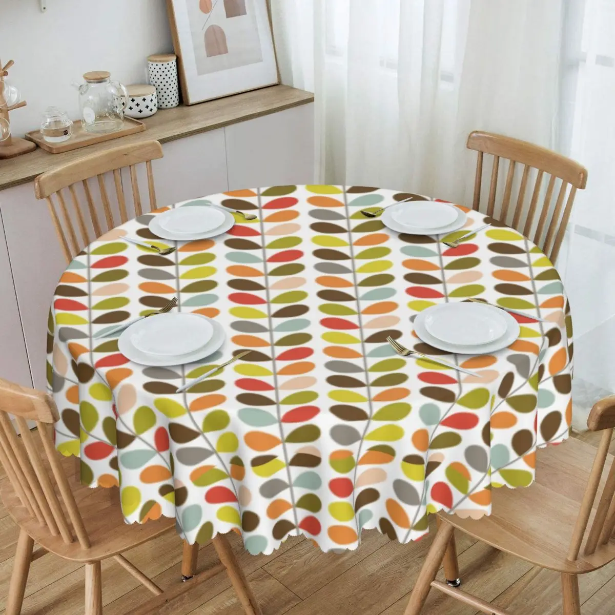 Customized Orla Kiely Flowers Tablecloth Round Waterproof Mid Century Modern Multi Stem Table Cover Cloth for Kitchen 60 inch