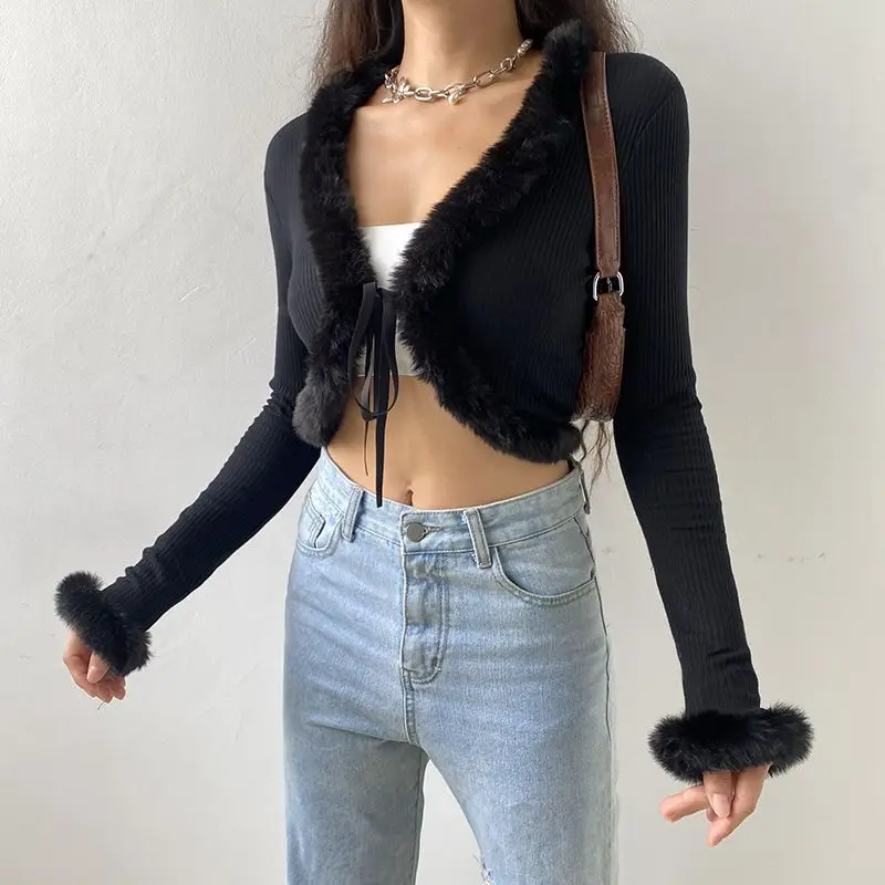 American retro fashion fluffy patchwork knit threaded tops women\'s clothing lace-up design fur collar cardigan 