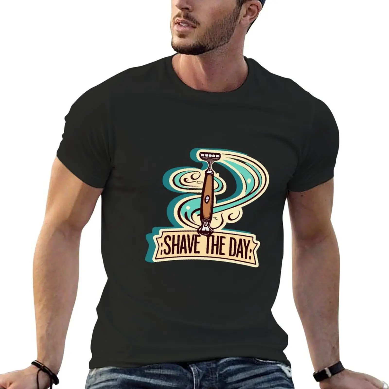 Vintage 'Shave the Day' Barber's Razor Design T-Shirt blue archive street wear men t shirt