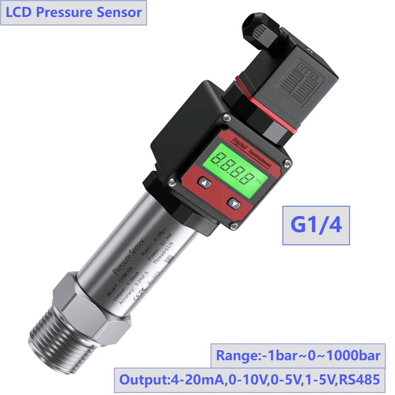 

G1/4 Digital Pressure Gauge Digital Display 0-10V 0-600bar 20bar 250bar 50bar 100bar LCD Pressure Transmitter 0-5V 4-20mA