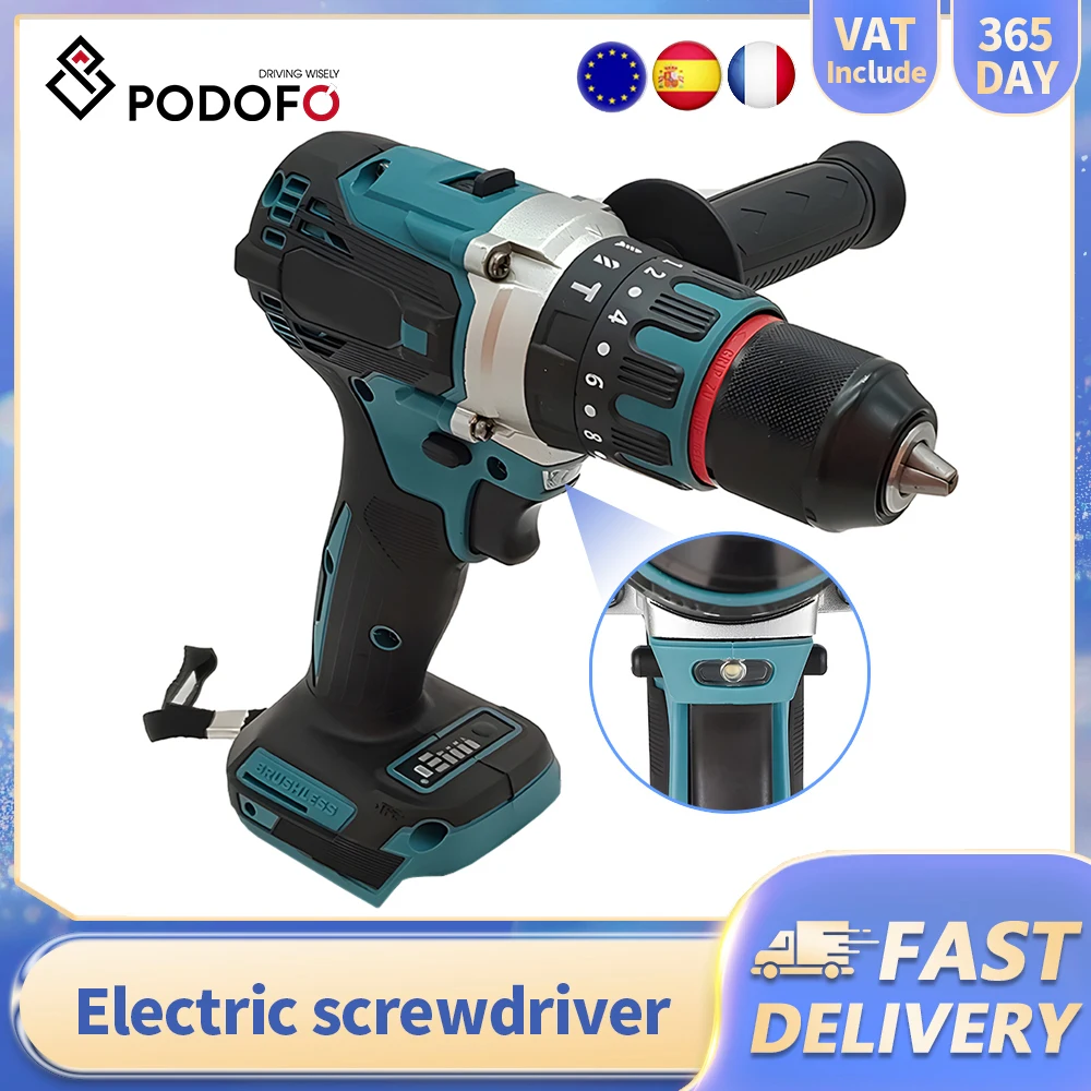 Perceuse-visseuse électrique sans fil Podofo 480 N.M, 4000 tr/min, fonction 3 en 1, pour batterie 18V, couple 20+3 N.m.