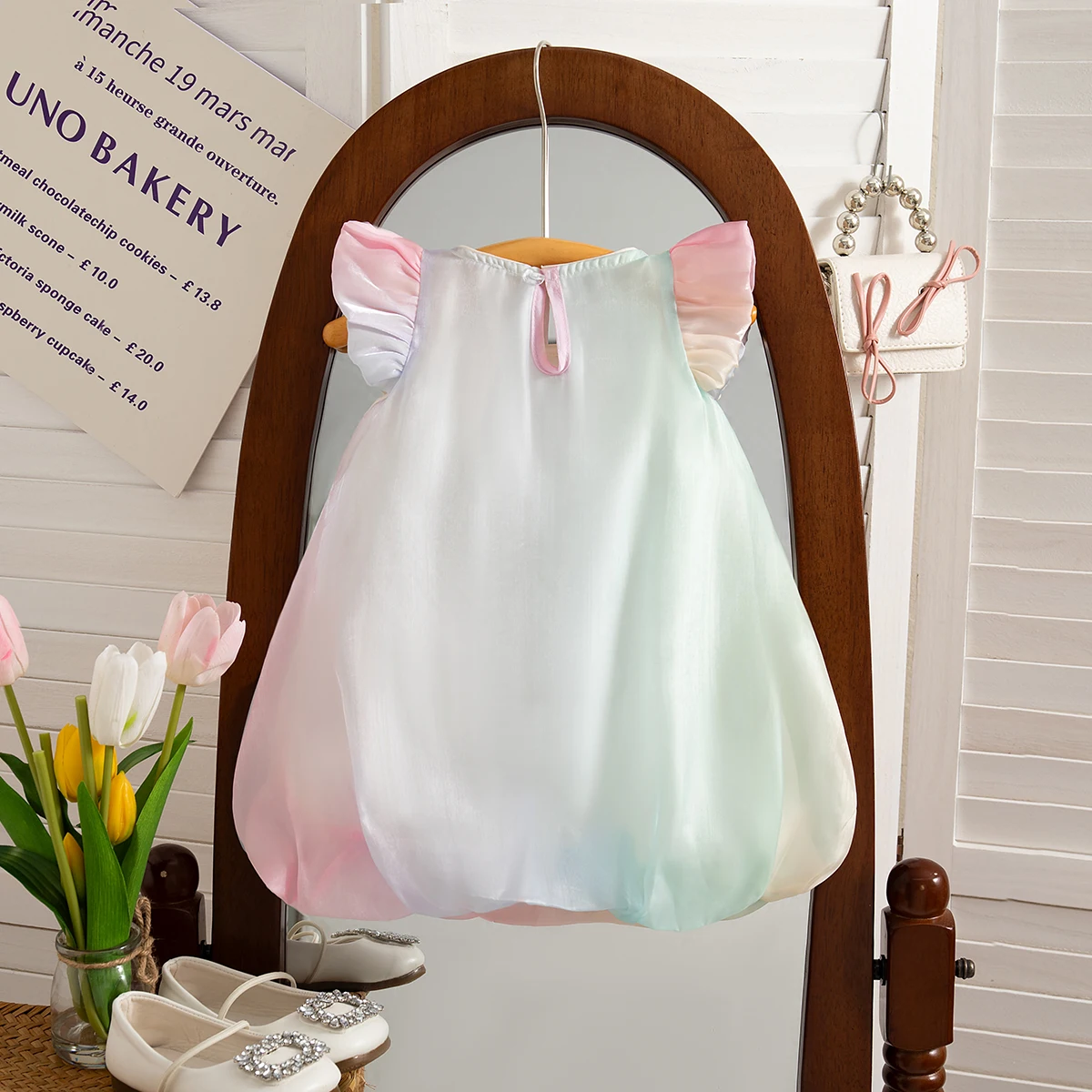 Baby Girl Dress Small Flying Sleeved Rainbow Color Chiffon Dress Kids Clothes for 0-2 Years Old