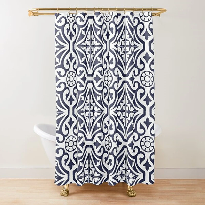 Moroccan Trellis Lattice Pattern Shower Curtain,Indigo Navy Blue White Vintage Geometric Lattice Bathroom Curtains with Hooks