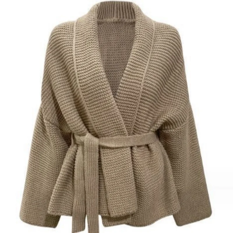 Knitted Cardigan Female Bathrobe Wind Aura Type Tie Fall and Winter Lazy Wind Sweater Jacket in Long Cardigan Loose