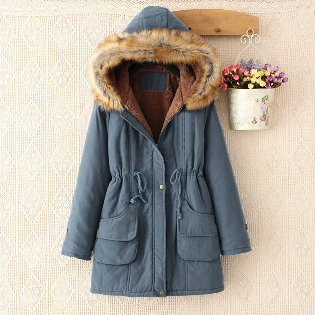 

Winter Women Coat Drawstring Waist Faux Fur Hood Fleece-lined Parkas Zip-up Press Button Jacket Windproof Mid Length Outerwear