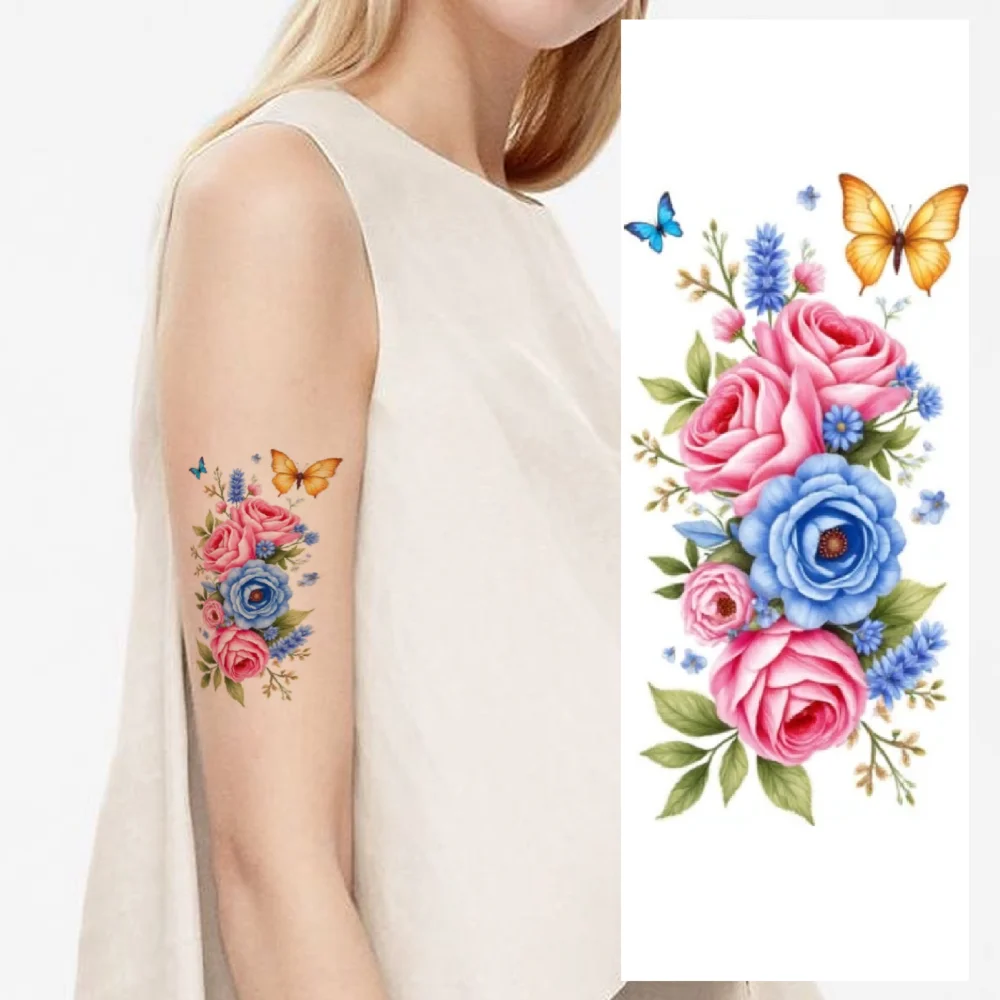 9pcs Temporary Tattoo Red Roses Temporary Tattoo Stickers Blue Peonies Orange Lilies Waterproof Long-lasting Body Stickers For