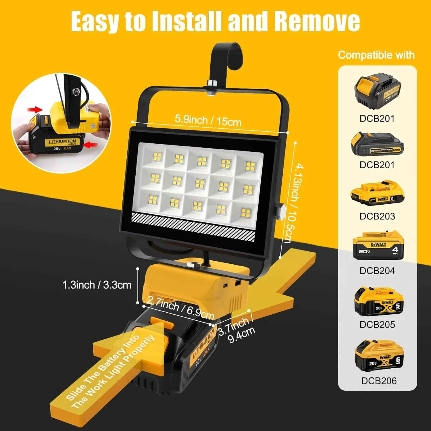 48W/60W/100W Portable LED Work Light Rechargeable LED Flood Light for Dewalt 18V-20V Li-ion Battery Cordless Work Light 6000k