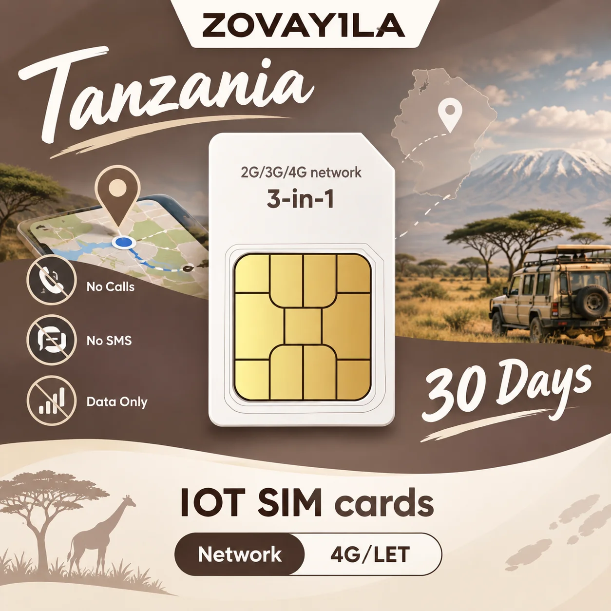 Tanzania 30 day 30MB data dedicated SIM card, no need for contract GPS tracker, suitable for elderly and children to prevent los