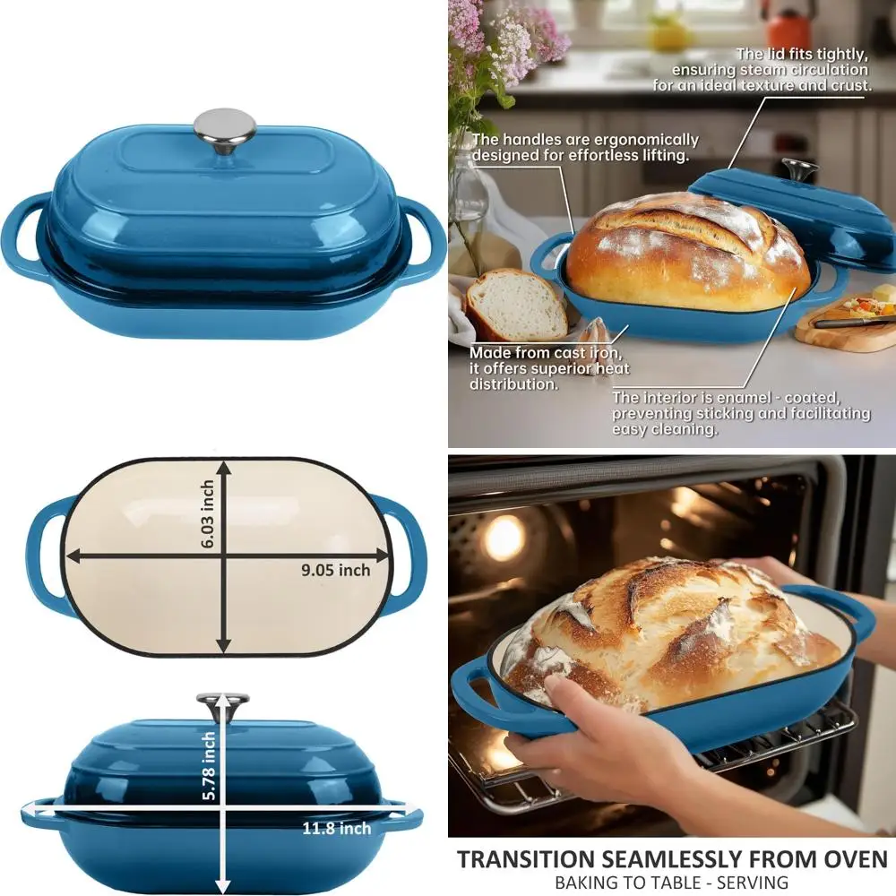 

Эмалированная чугунная голландская духовка для хлеба — 5-литровая овальная печь с антипригарным покрытием, идеально подходит для выпечки и хлеба